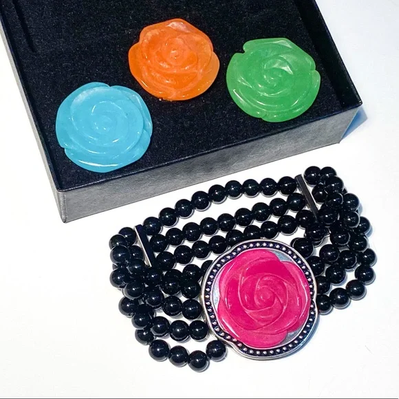 HSN Onyx Stretch Bracelet with Interchangeable 4-in-1 Magnetic Carved Roses - Picture 5 of 14